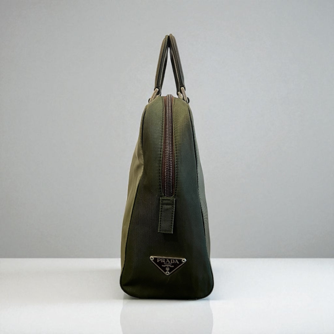 Vintage Prada Green Nylon Briefcase with Leather Trim