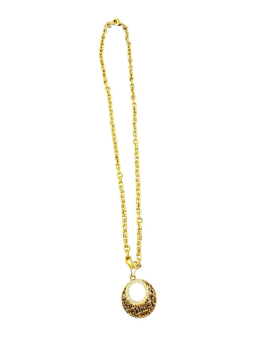 Christian Dior Vintage Gold-Tone Logo Pendant Necklace with Crystal Detailing