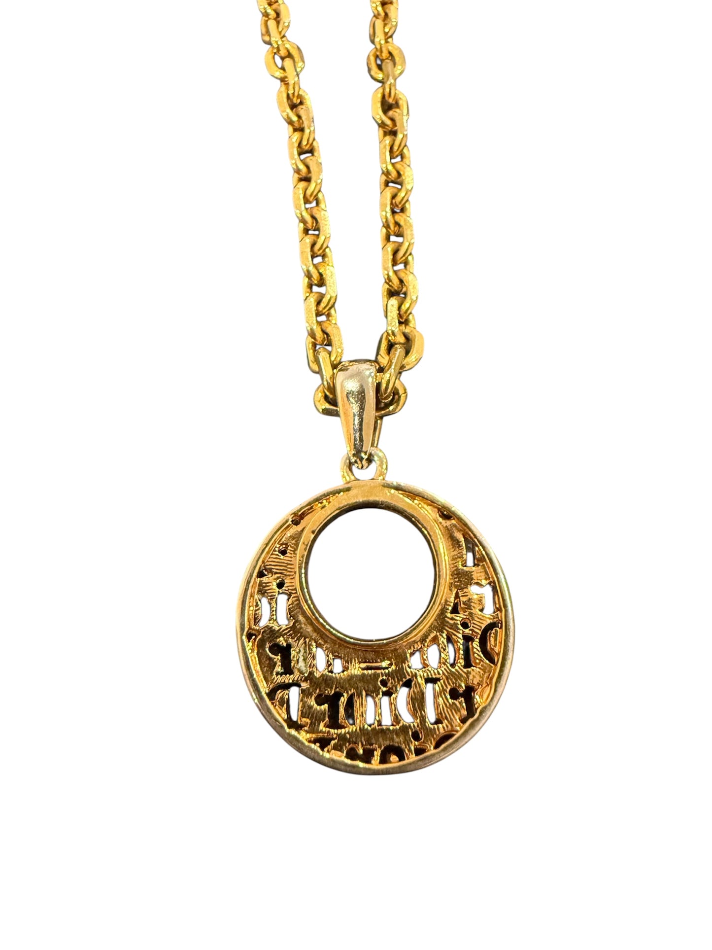 Christian Dior Vintage Gold-Tone Logo Pendant Necklace with Crystal Detailing