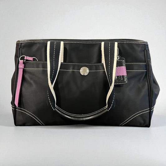 Vintage Coach Black Nylon Tote Bag with Contrast Stitching & Pink Interior