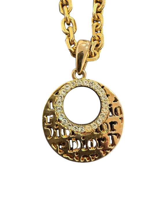Christian Dior Vintage Gold-Tone Logo Pendant Necklace with Crystal Detailing