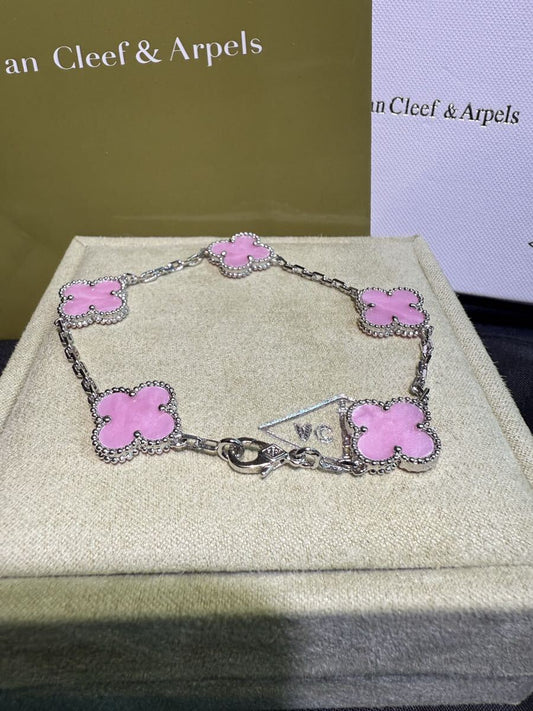 Van Cleef & Arpels Vintage Alhambra 5-Motif Bracelet, 18K White Gold with Pink Stone